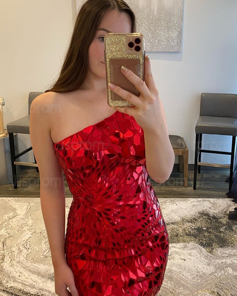 Special Glass Mirror One Shoulder Sequin Red Tight Homecoming Dress HD3648