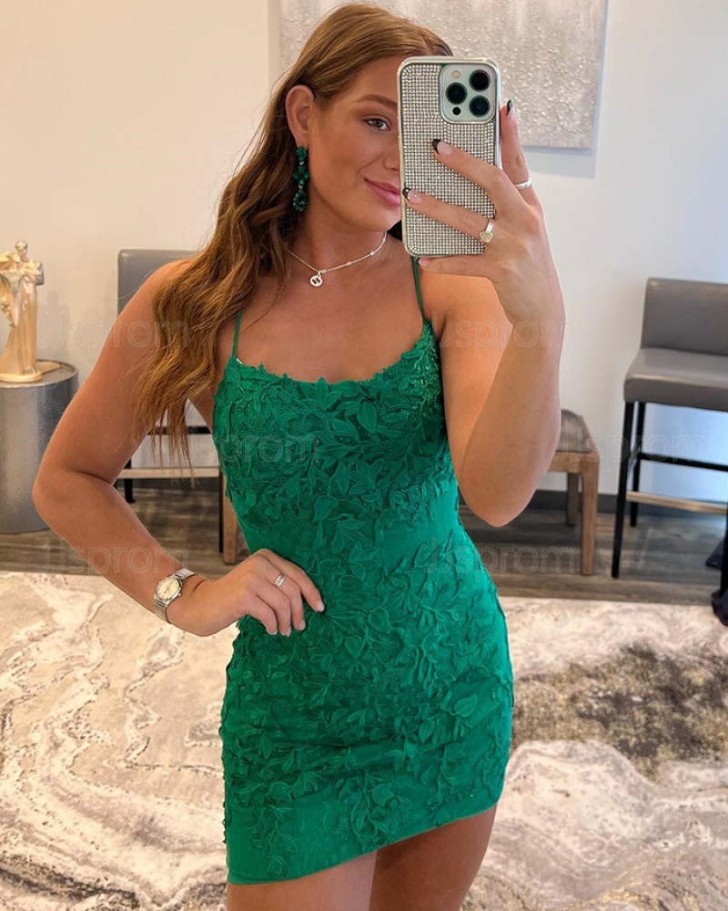 Green Lace Spaghetti Straps Tight Homecoming Dress HD3650