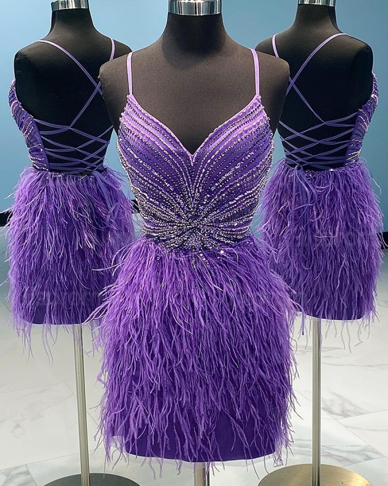 Beading Purple Spaghetti Straps Tight Homecoming Dress with Feather HD3669