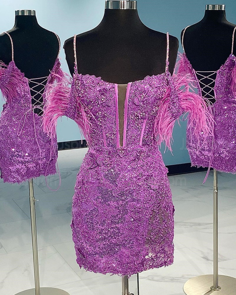 Purple Sequin Lace Spaghetti Straps Bodycon Homecoming Dress with Feather HD3684