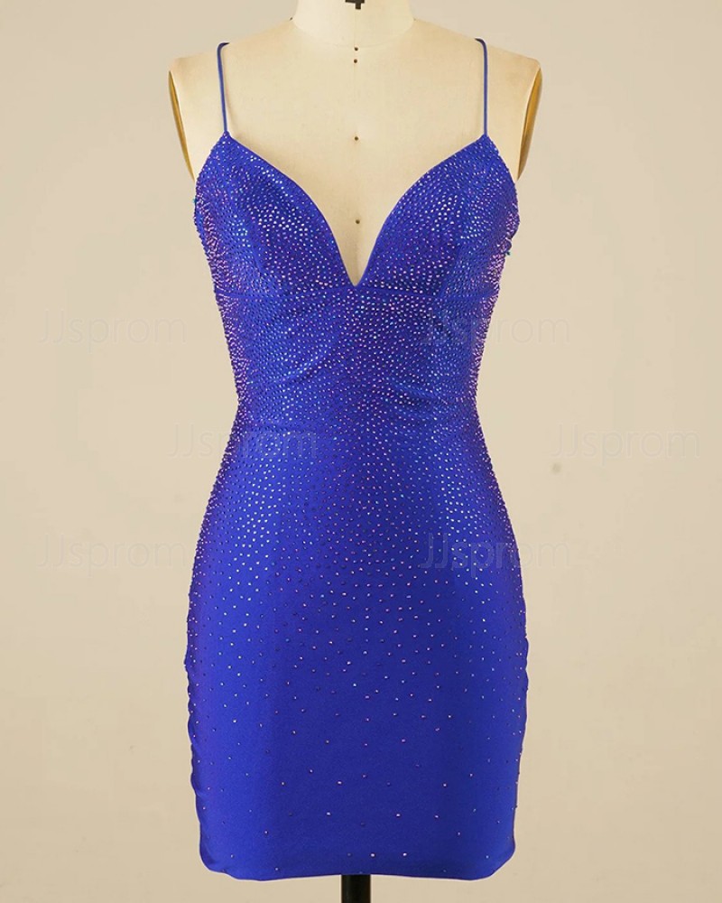 Blue Beading Tight Spaghetti Straps Homecoming Dress HD3699