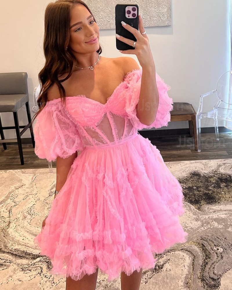 Off the Shoulder Tulle Pleated Pink Homecoming Dress with Short Sleeves HD3704