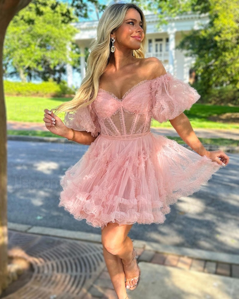 Dusty Pink Pleated Off the Shoulder A-line Homecoming Dress with Short Sleeves HD3720