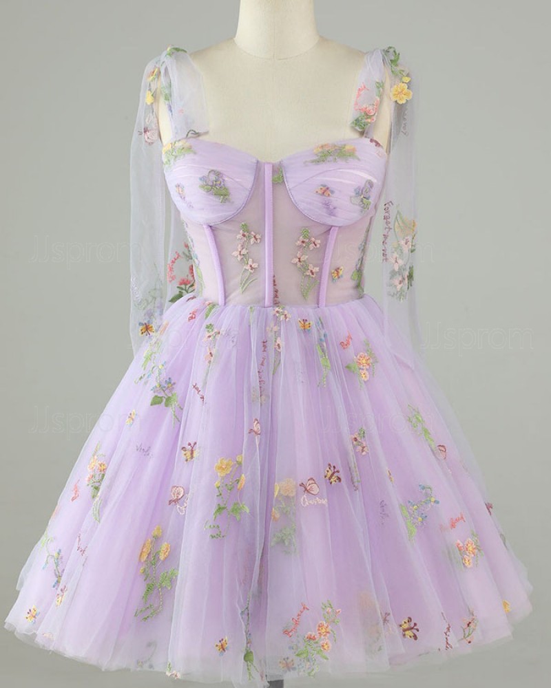 Buy lavender lace tulle spaghetti straps a-line homecoming dress online at JJsprom.com