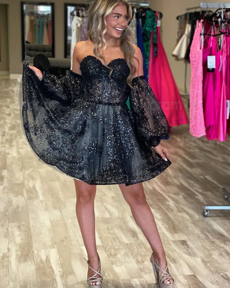 Black Sequin Lace A-line Sweetheart Homecoming Dress with Removable Sleeves HD3735