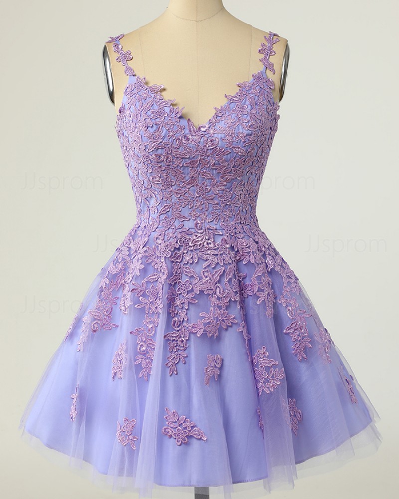Lavender Lace Applique Tulle V-neck Homecoming Dress HD3742