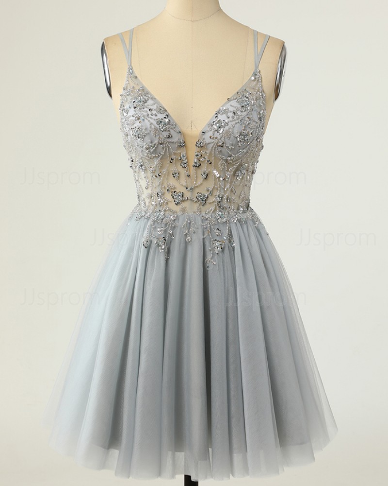 Grey Beading Pleated Tulle Spaghetti Straps Homecoming Dress HD3744