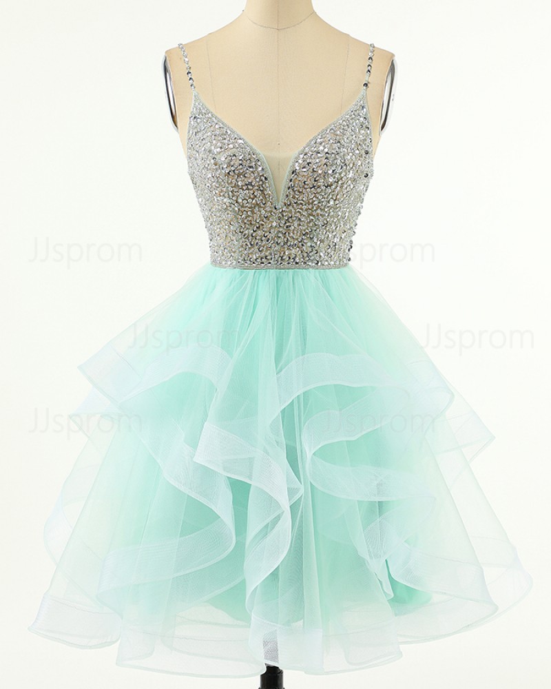 Sequin Bodice Ruffled Spaghetti Straps Tulle Homecoming Dress HD3745