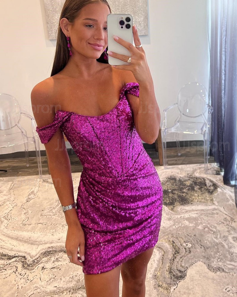 Purple Sequin Ruched Off the Shoulder Tight Homecoming Dress HD3748
