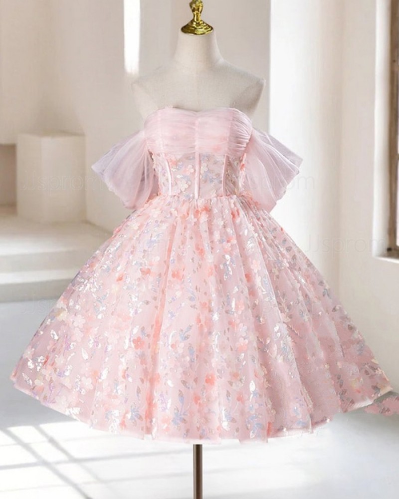 Pink Ruched Lace Off the Shoulder A-line Knee Length Graduation Dress HD3793