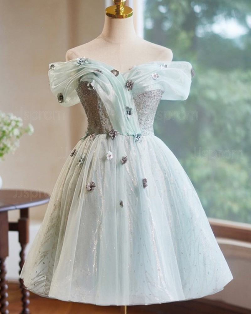 Cyan Beading & Sequin Off the Shoulder Homecoming Dress with 3D Flowers HD3794