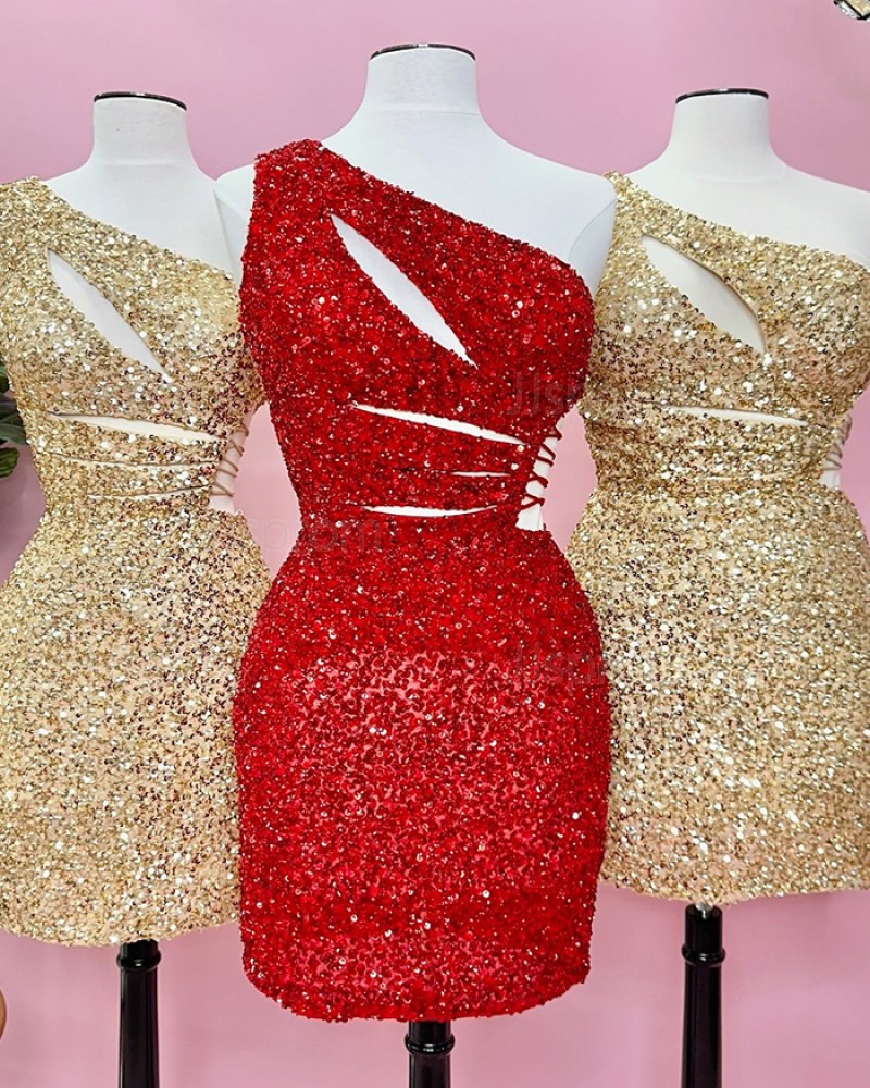Burgundy Cutout Sequin One Shoulder Tight Homecoming Dress HD3796