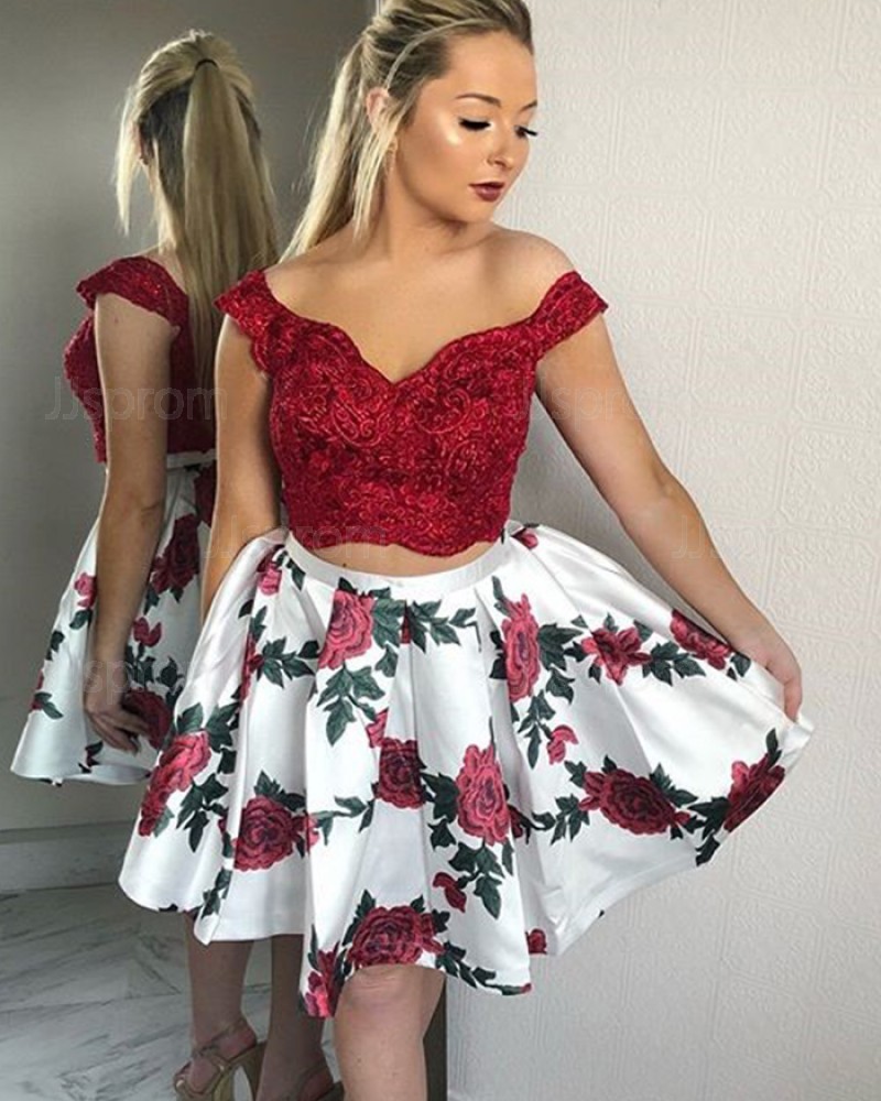 Two Piece Off the Shoulder Lace Bodice Homecoming Dress with Print Skirt HDQ3434