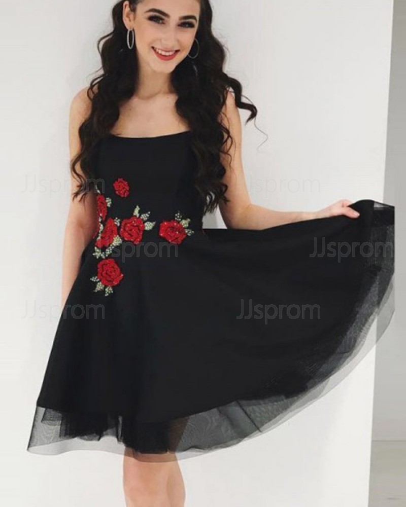 Black Tulle Square Homecoming Dress with Appliqued Flowers HDQ3439