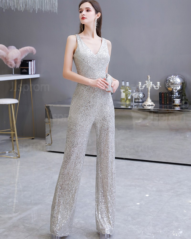 Unique V-neck Sequin Silver Jumpsuit for Evening Party HG20447