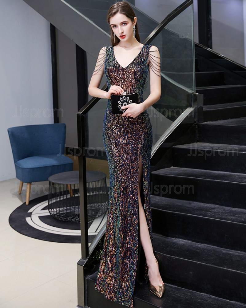 Gorgeous V-neck Colored Sequin Mermaid Style Evening Dress with Beading Sleeves HG24444