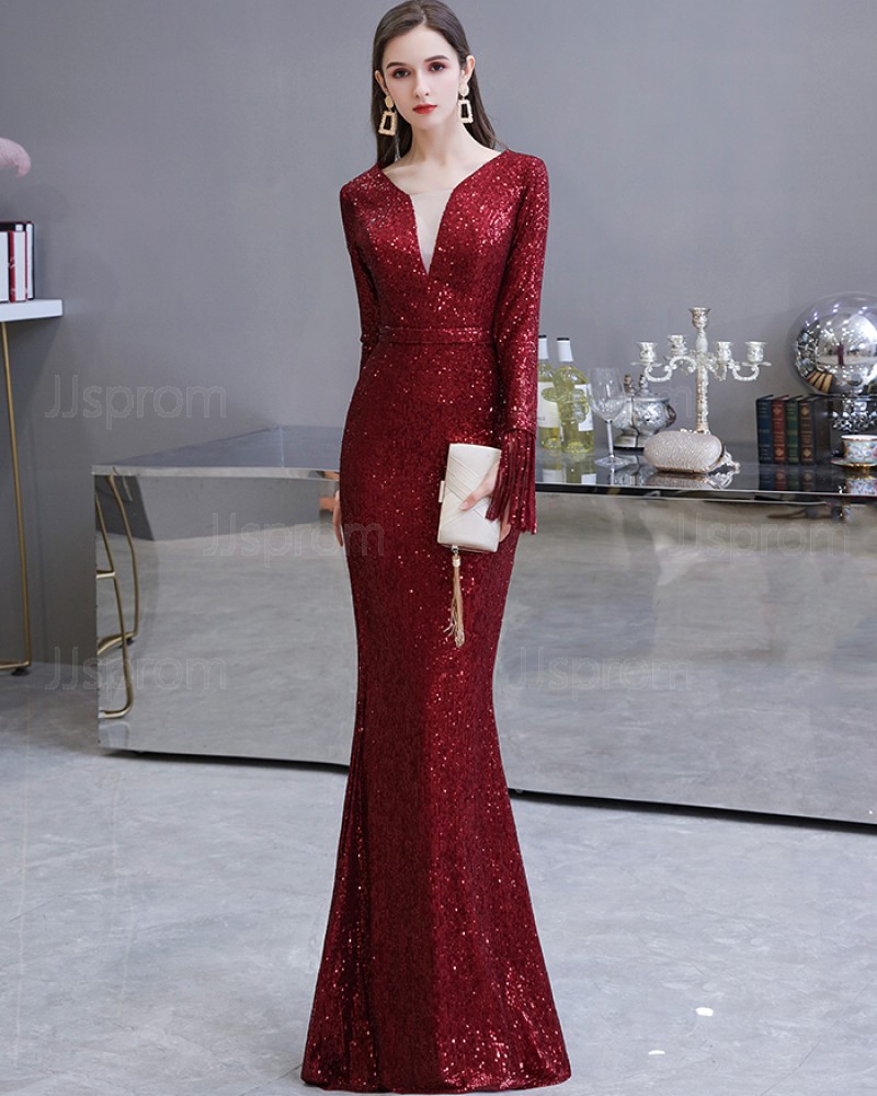 Amazing Burgundy Sequin Mermaid Long Sleeve Evening Dress HG24446