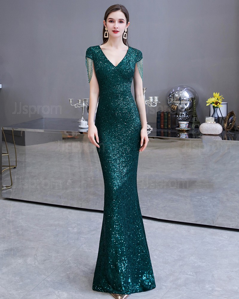 Sequin Green V-neck Mermaid Evening Dress with Tassels Cap Sleeves HG24451