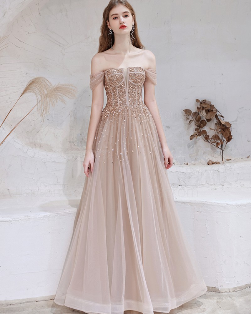Beading Off the Shoulder Tulle Nude Evening Dress HG361012