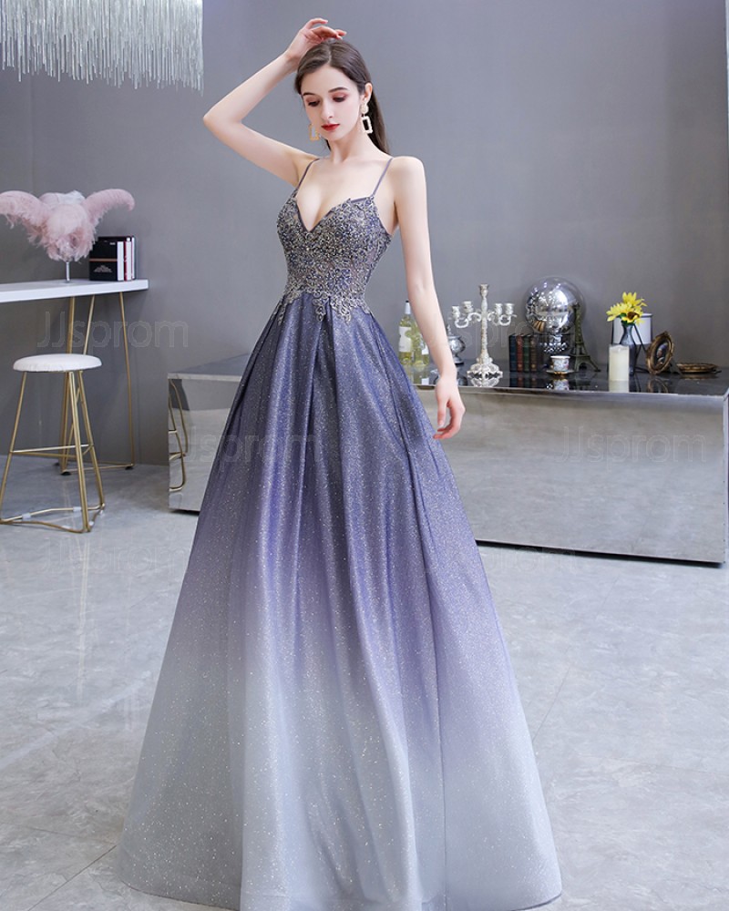 Ombre Starry Sky Satin Spaghetti Straps A-line Evening Dress with Pockets HG39450