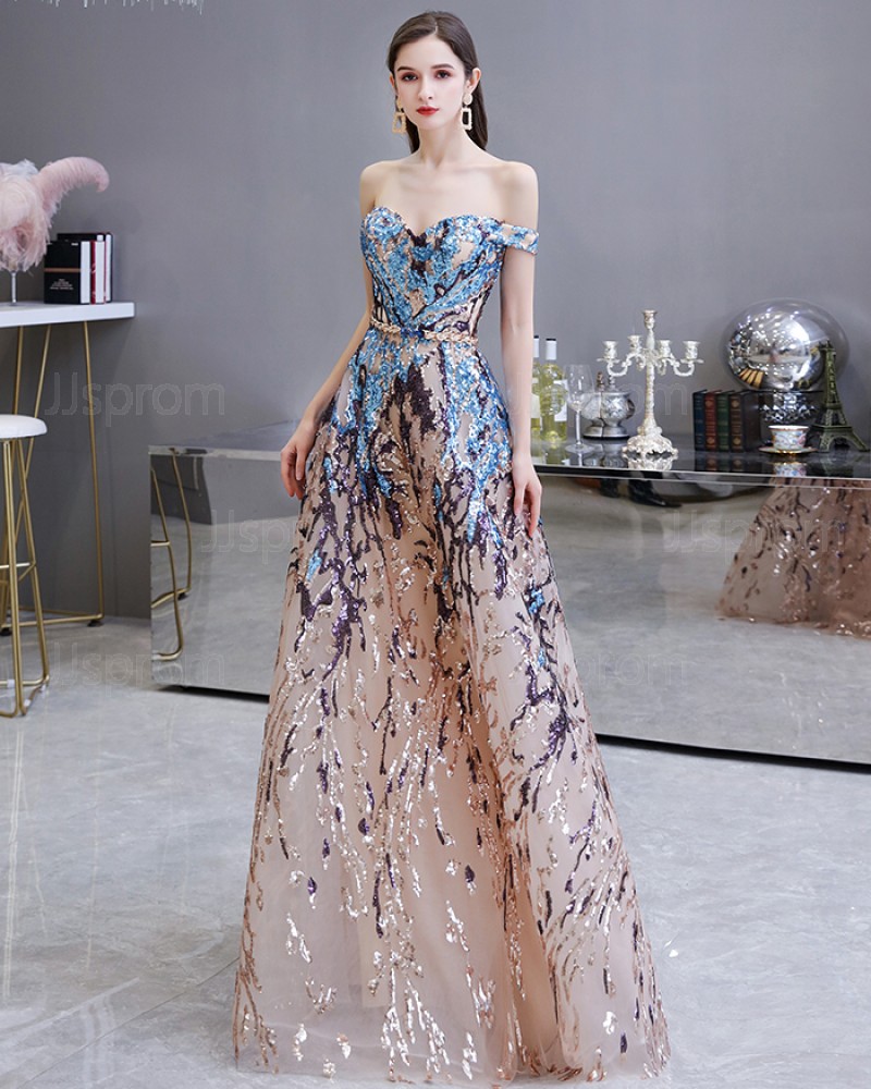 Floral Sequin Off the Shoulder Lace Evening Dress HG45449