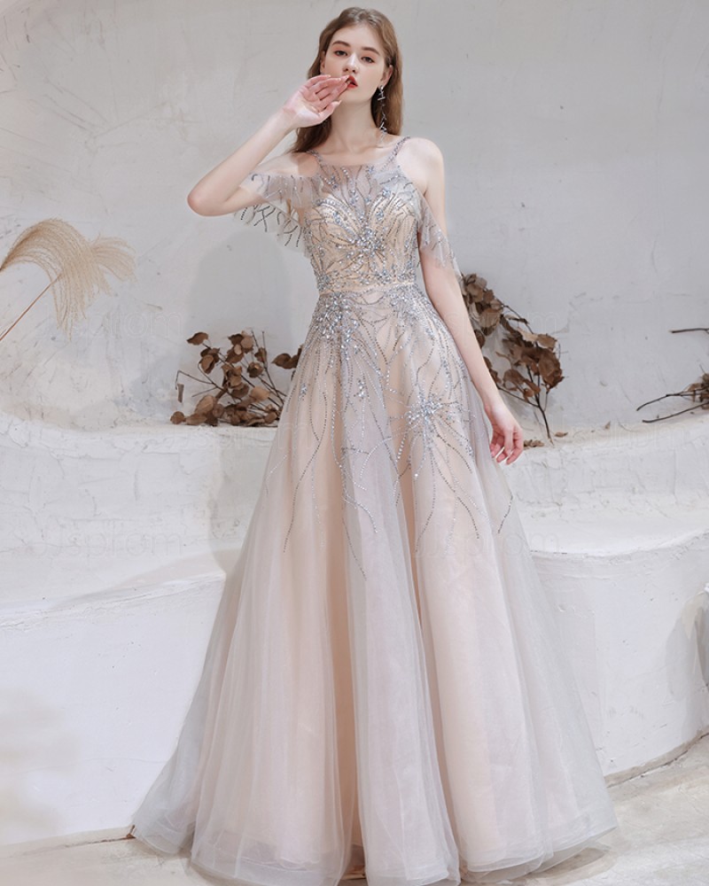 Elegant Dusty Blue Cold Shoulder Beading Tulle Evening Dress HG581018