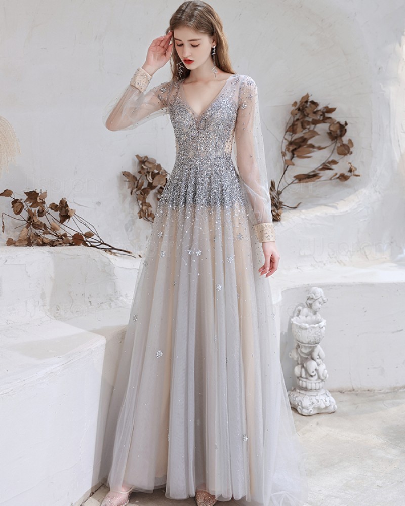 Beading V-neck Tulle Dusty Blue Evening Dress with Long Sleeves HG661014