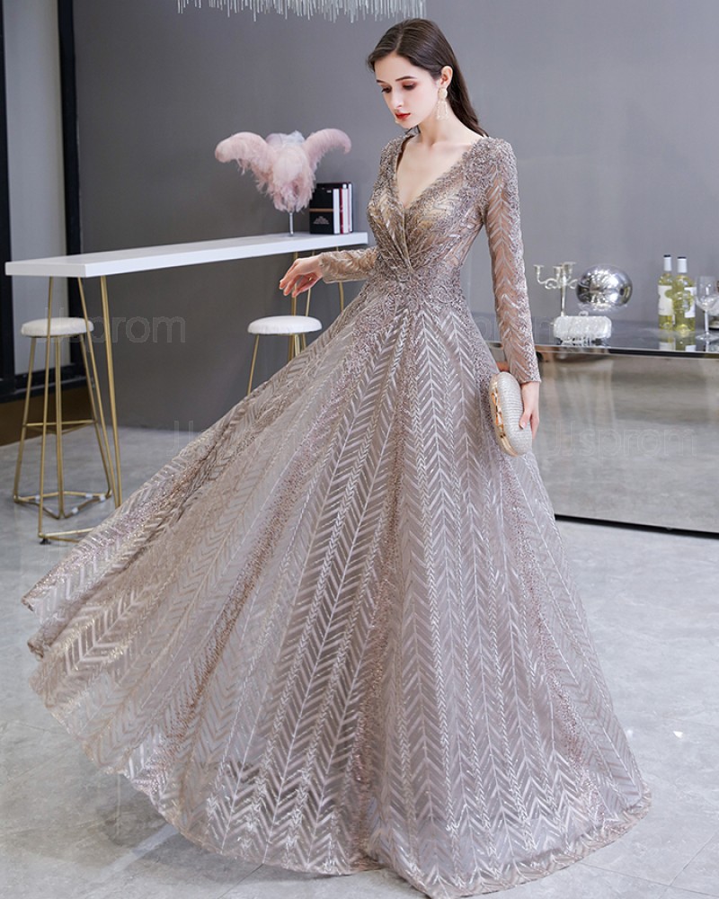 Sparkle Sequin V-neck Lace Evening Dress with Long Sleeves HG69448
