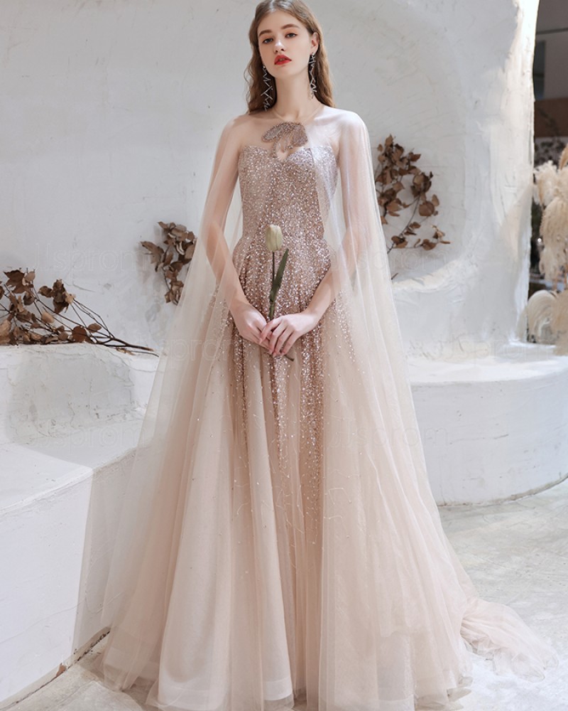 Rose Gold Sweetheart Sequin Tulle Evening Dress with Tulle Cape HG991021