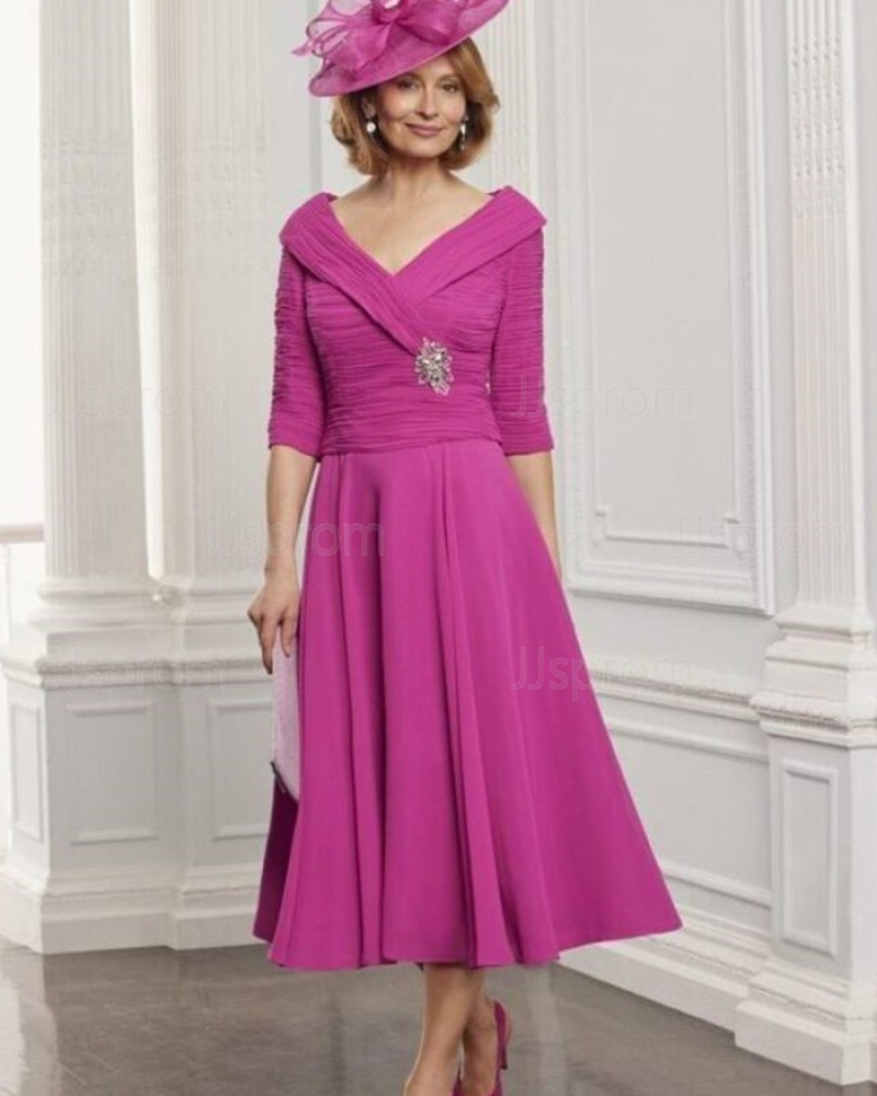 Rose Red V-Neck Ruched Mother Of The Bride Dress With Half Length Sleeves Md1002