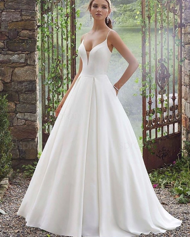 Spaghetti Straps White Simple Pleated Wedding Dress with Pockets NWD2101