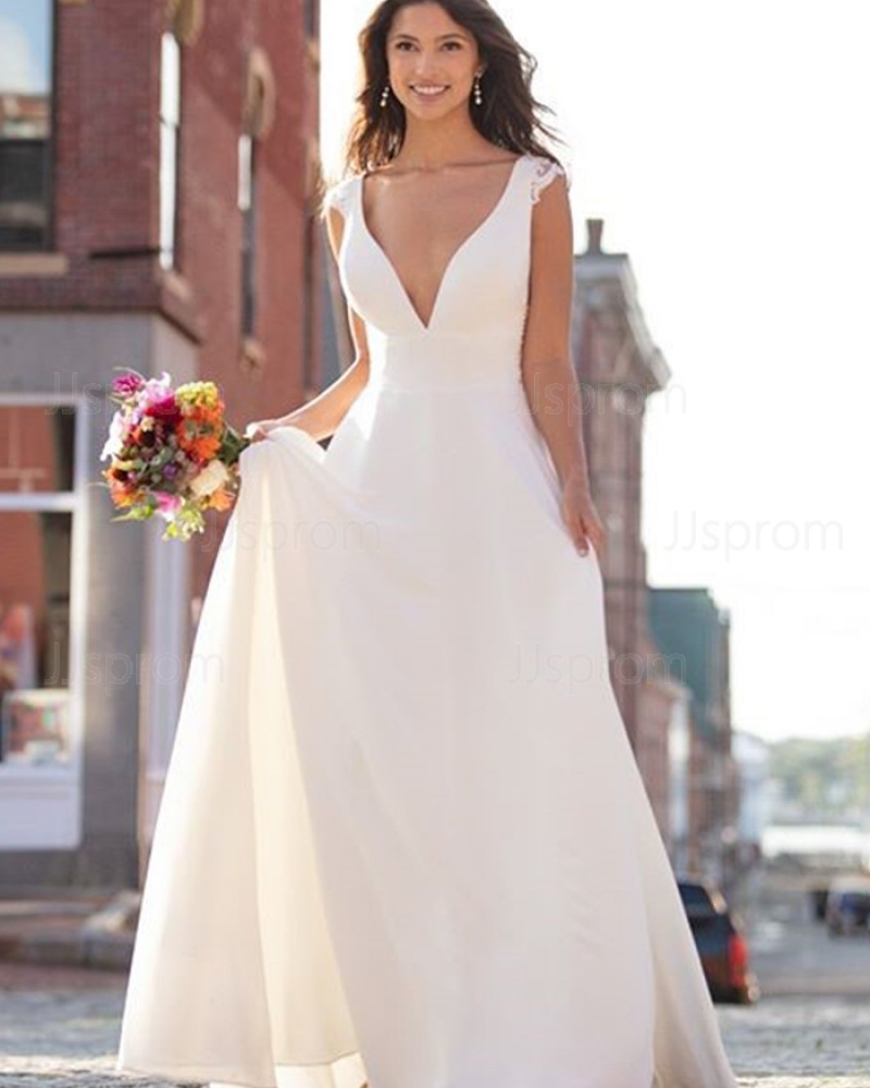 A-line Empire Simple V-neck Ivory Wedding Dress NWD2102