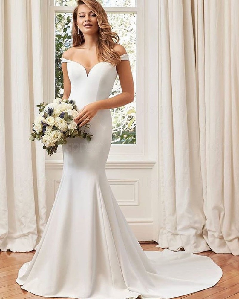 White Simple Off the Shoulder Satin Mermaid Fall Wedding Dress NWD2103