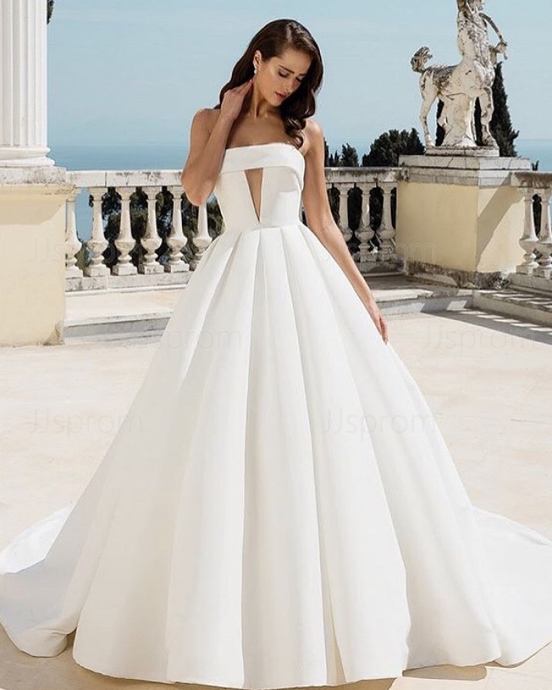 White Pleated Strapless Cutout Satin Ball Gown Wedding Dress NWD2104