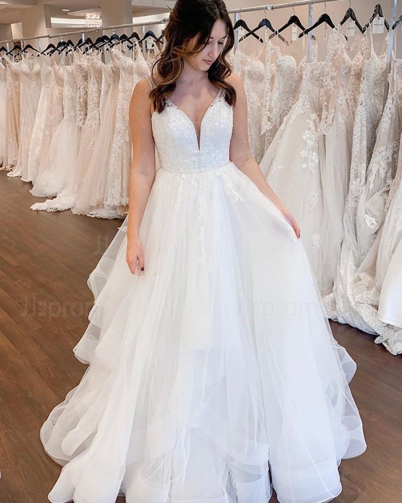 Lace Bodice Pleated V-neck White Sequin Tulle Wedding Dress NWD2105