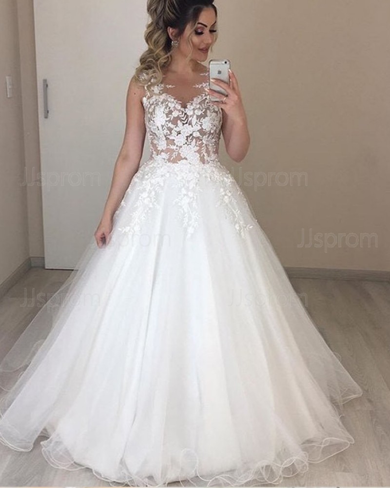Jewel White Pleated Lace Bodice Tulle Wedding Dress NWD2107