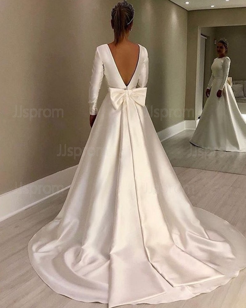 A-line Simple Jewel Satin White Wedding Dress with Long Sleeves NWD2117
