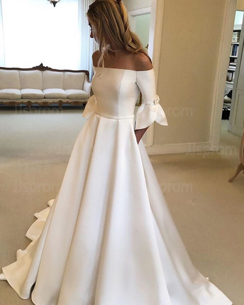 White A-line Off the Shoulder Satin Wedding Dress with Half Length Sleeves NWD2118