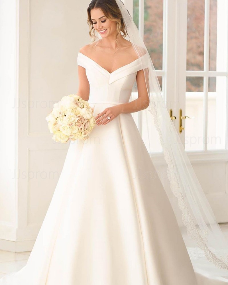 Off the Shoulder A-line White Satin Wedding Dress NWD2121
