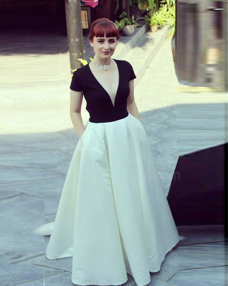 V-neck Satin White and Black Short Sleeved Prom Dress with Pockets PD1622