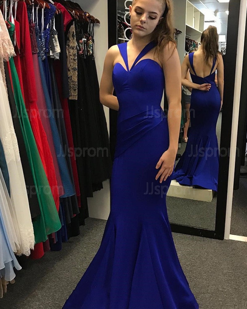 Cutout Blue V-neck Mermaid Satin Prom Dress PD1625
