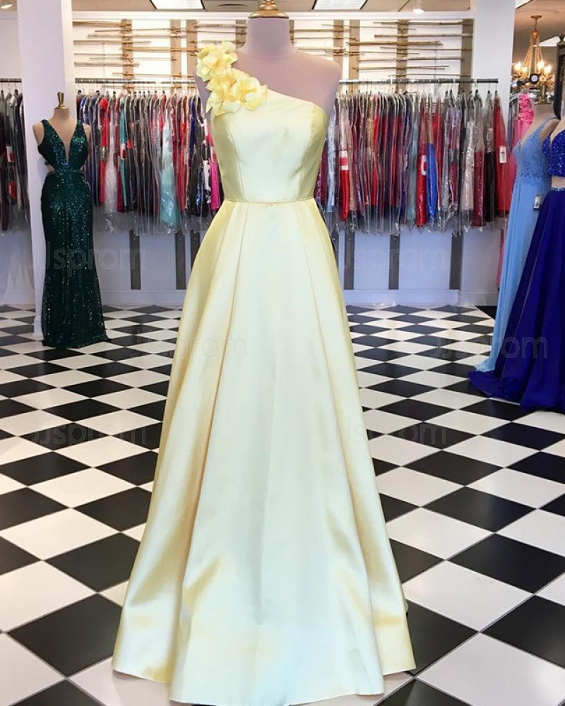 3D Flower One Shoulder Appliqued Yellow Satin Prom Dress PD1629