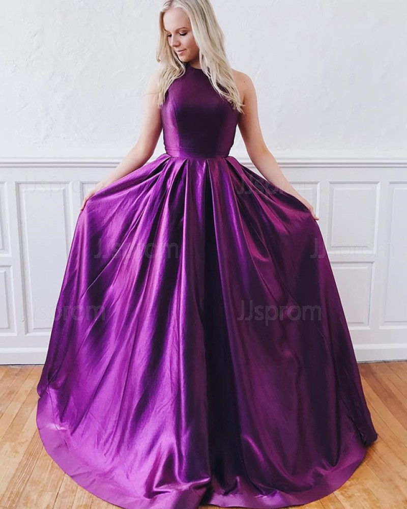 Simple A-line Jewel Purple Satin Pleated Prom Dress PD1637