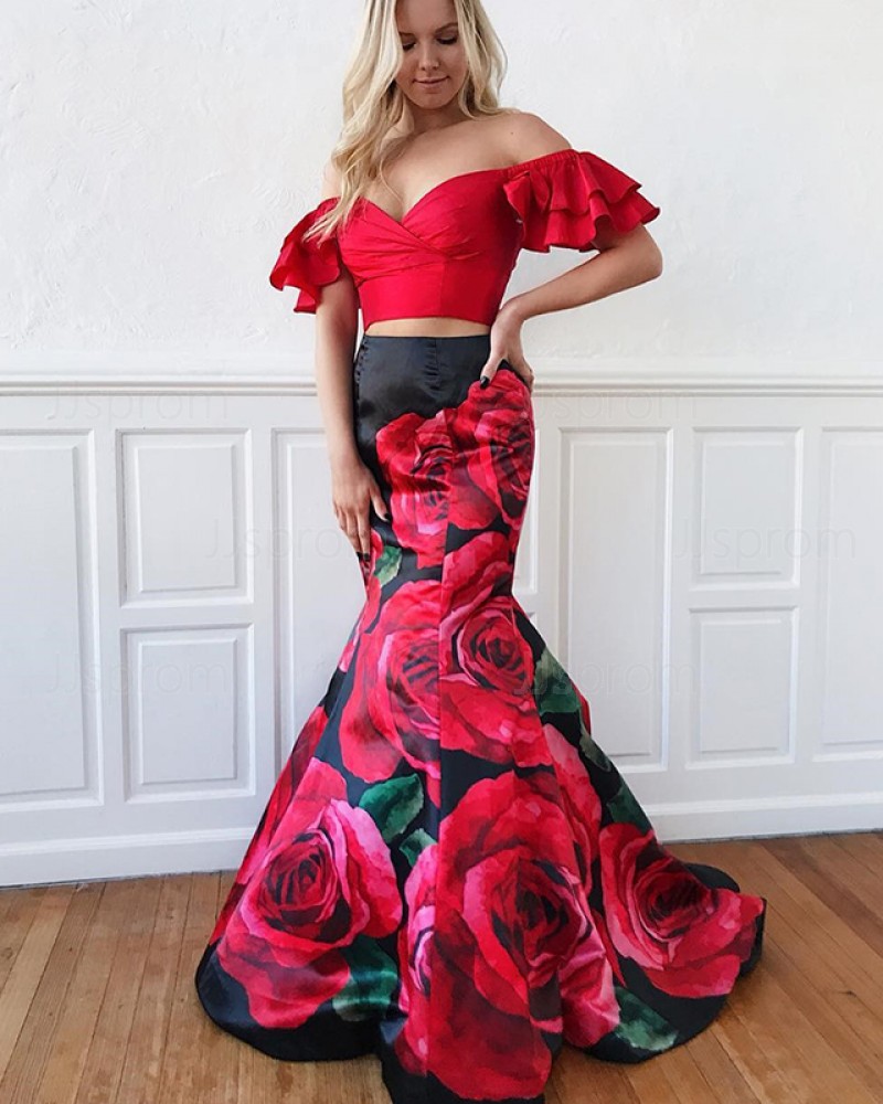 Two Piece Floral Print Off the Shoulder Mermaid Prom Dress PD1639