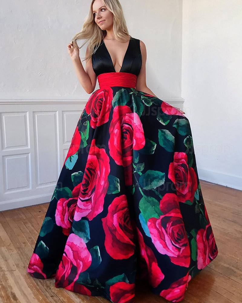 Floral Print Deep V-neck Pleated Prom Dress PD1642