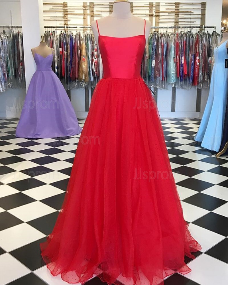 Red Pleated Simple Spaghetti Straps Prom Dress with Tulle Skirt PD1644