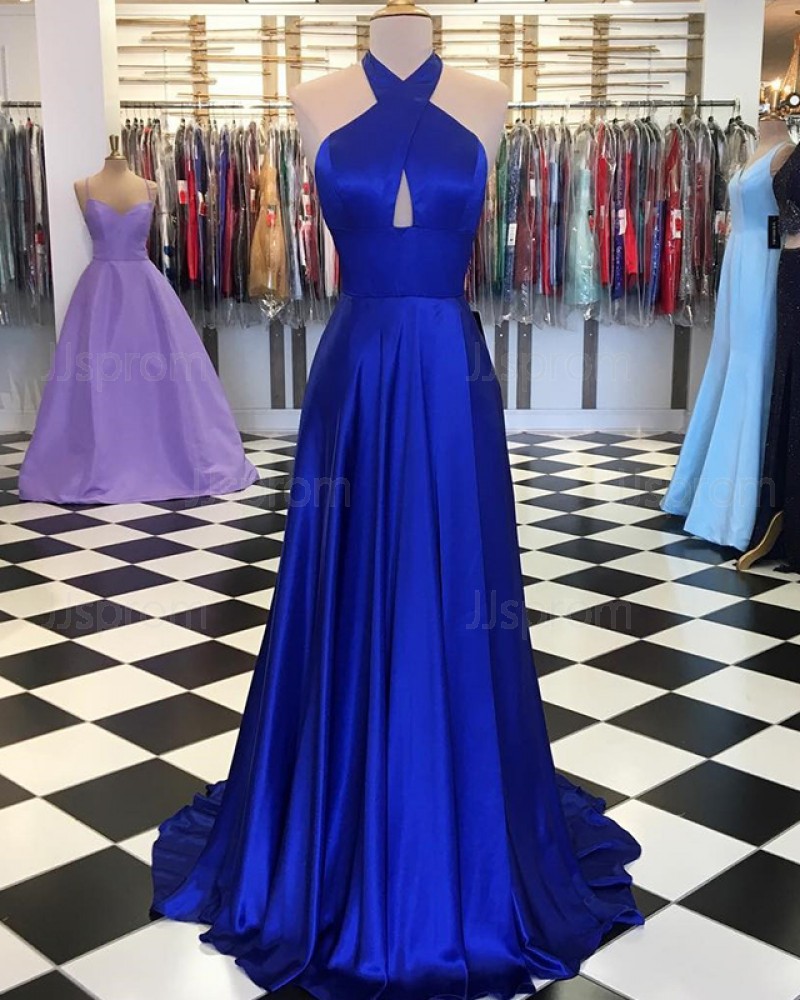 Halter Satin Simple Crisscross Royal Blue Pleated Prom Dress PD1647