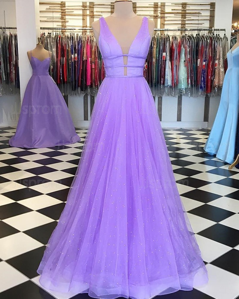 Lavender Beading Tulle Deep V-neck Pleated Prom Dress PD1648