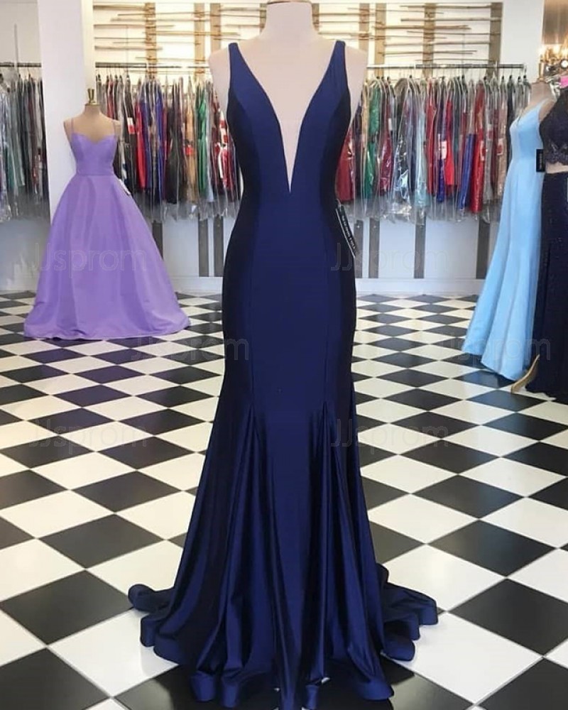 Navy Blue Simple Deep V-neck Mermaid Prom Dress PD1654