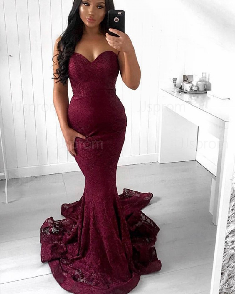 Mermaid Style Sweetheart Lace Burgundy Prom Dress PD1655